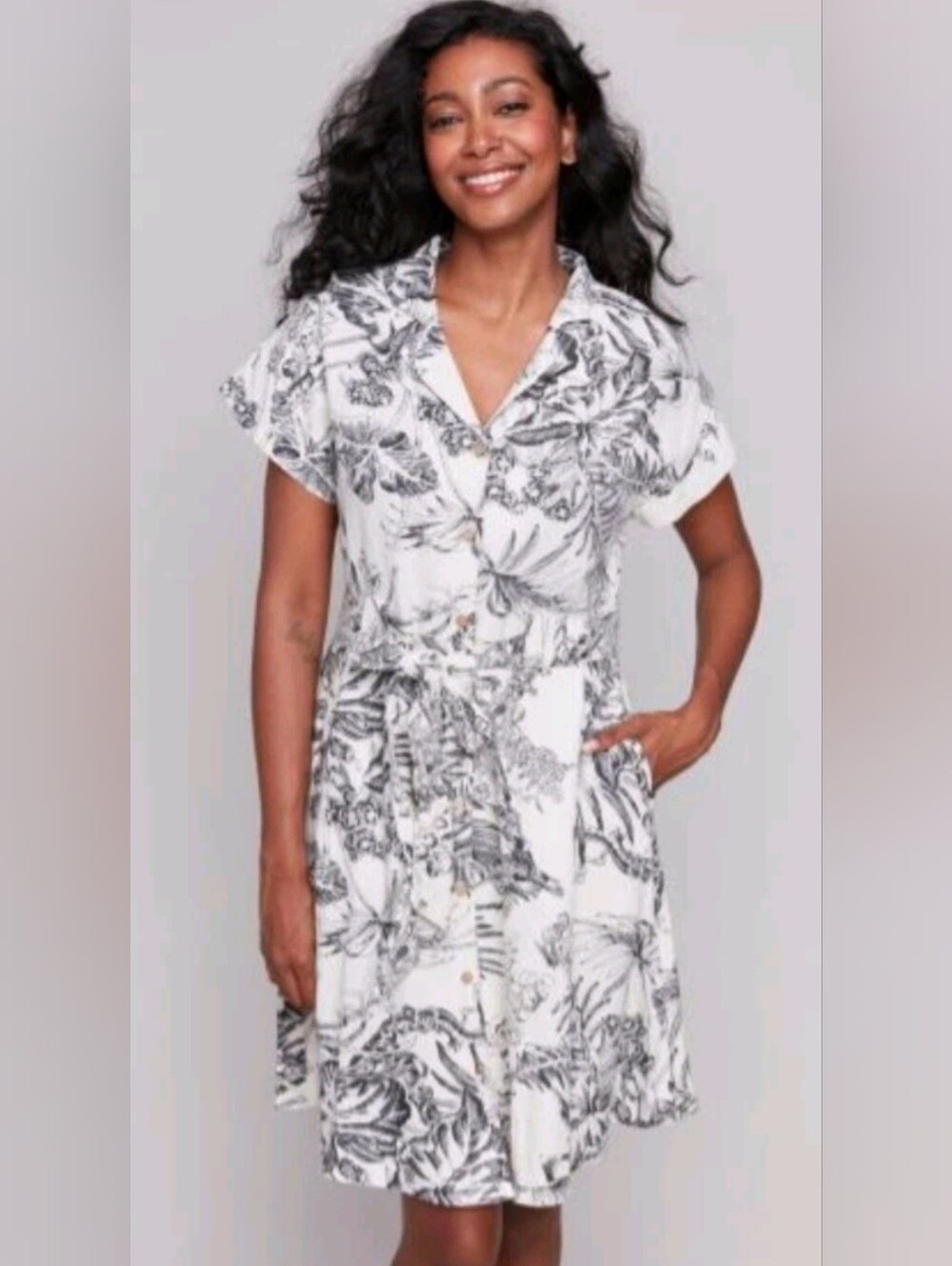 Charlie B Linen Blend Botanical Belted Shirt Dress M NWOT